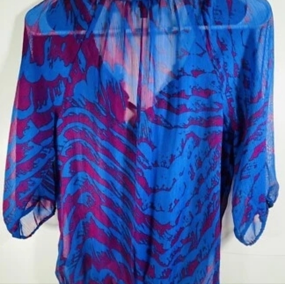 Express Blue & Magenta Sheer Abstract Peasant Blouse Size M – Boho Chic Flow Top - Picture 7 of 9